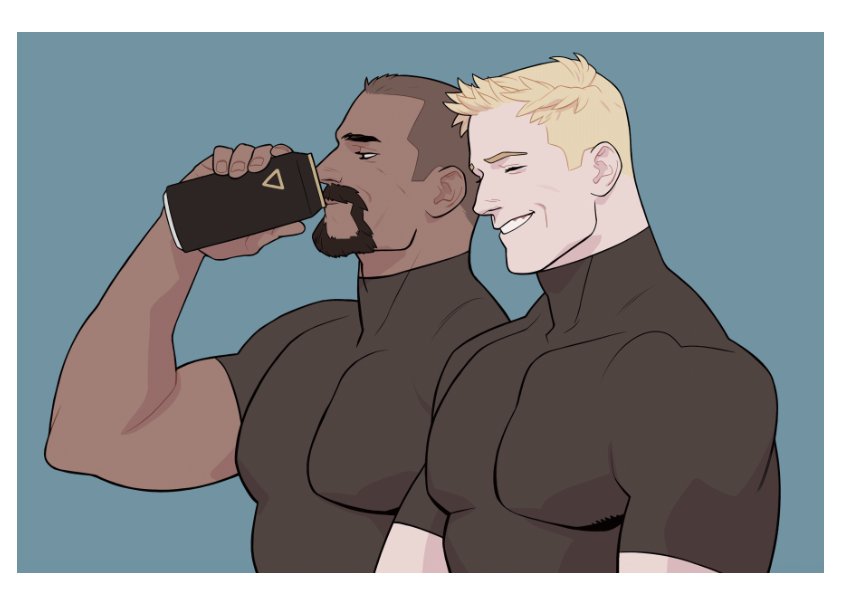 2boys, arm_up, black_shirt, blonde_hair, border, brown_eyes, brown_hair, buzz_cut, can, closed_eyes, commentary_request, covered_pectorals, dark-skinned_male, dark_skin, doppdoppdopp, drink, drinking, facial_hair, goatee, grin, holding, holding_can, korean_commentary, looking_ahead, male_focus, multiple_boys, overwatch, pectorals, profile, reaper_(overwatch), shirt, short_hair, short_sideburns, short_sleeves, smile, soldier:_76_(overwatch), teeth, tight_clothes, very_short_hair, white_border