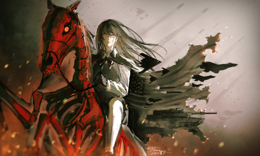 1girl, 1other, aircraft, airplane, american_flag, animal_skeleton, b-2_spirit, black_cape, black_gloves, black_hair, cape, chainsaw_man, cross_scar, dated, dress, fighter_jet, fire, floating_hair, forutaro, fourth_east_high_school_uniform, gloves, highres, horse, horseback_riding, long_hair, m1_abrams, military_vehicle, missile, motor_vehicle, pinafore_dress, riding, ringed_eyes, scar, scar_on_cheek, scar_on_face, scar_on_nose, school_uniform, signature, skeleton_horse, sleeveless, sleeveless_dress, tank, yoru_(chainsaw_man)