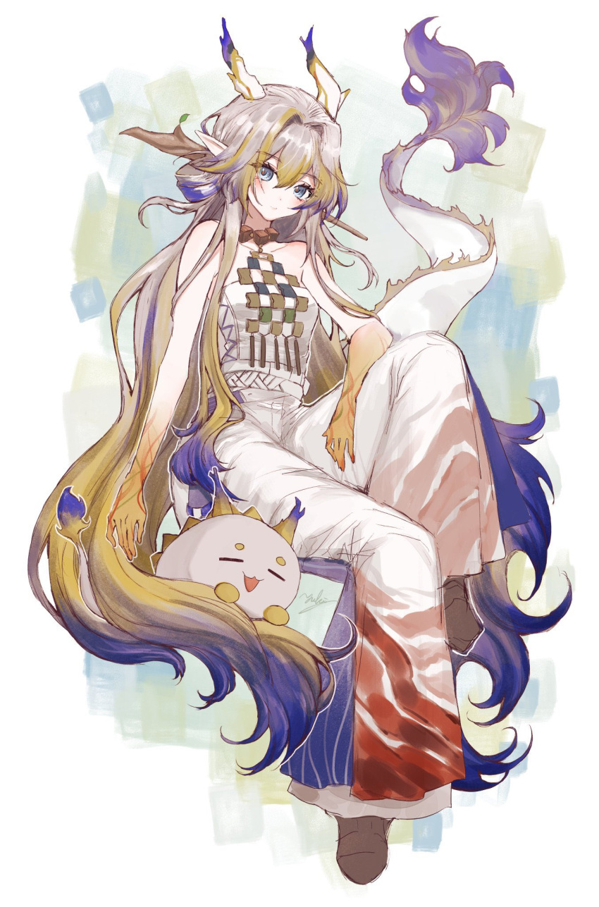 1girl, arknights, bare_shoulders, blonde_hair, blue_hair, brown_shoes, collar, collarbone