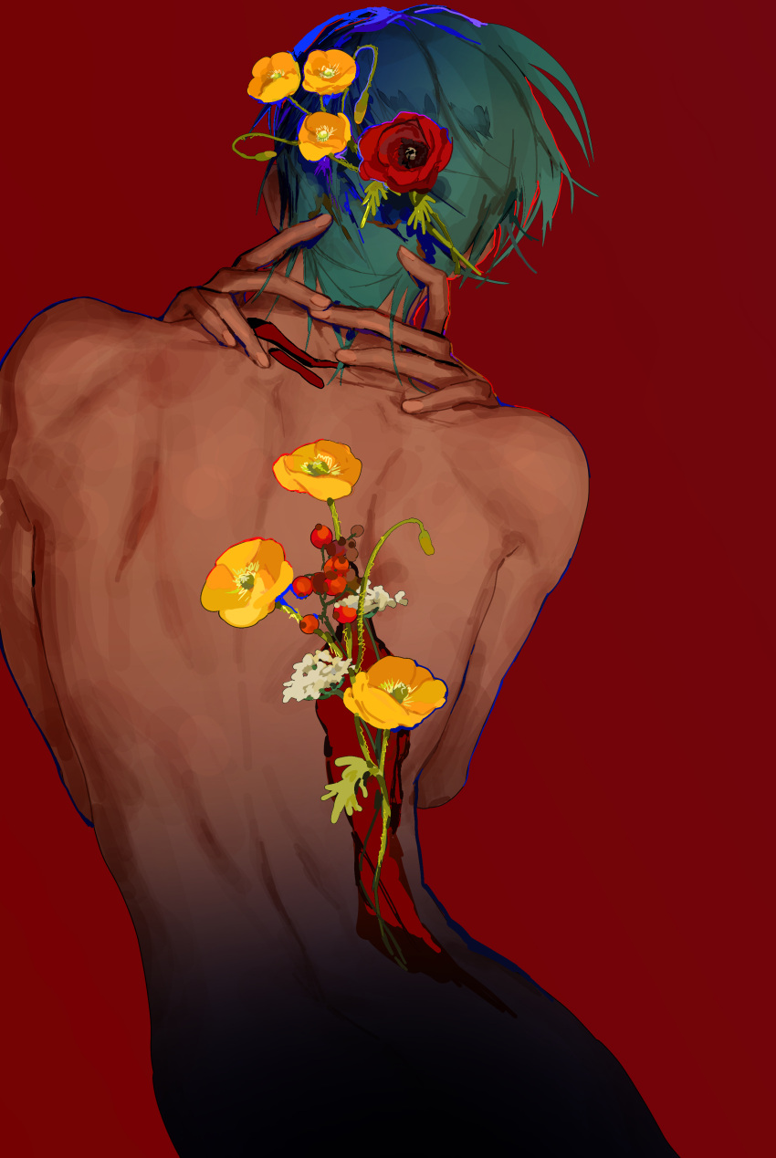 1boy, absurdres, alien_stage, back, flower, from_behind, grey_hair, hands_on_own_neck