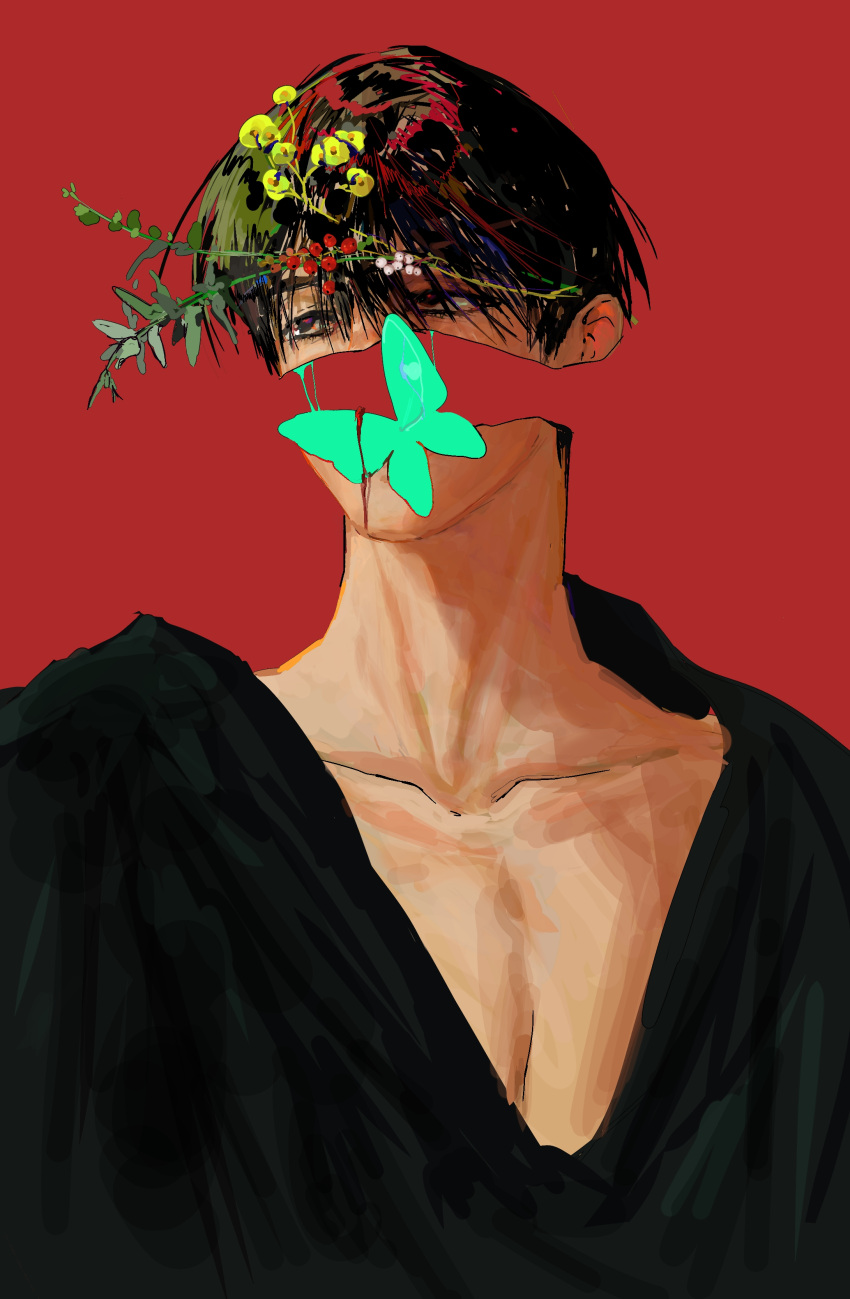 1boy, absurdres, alien_stage, black_eyes, black_hair, bug, butterfly, green_butterfly