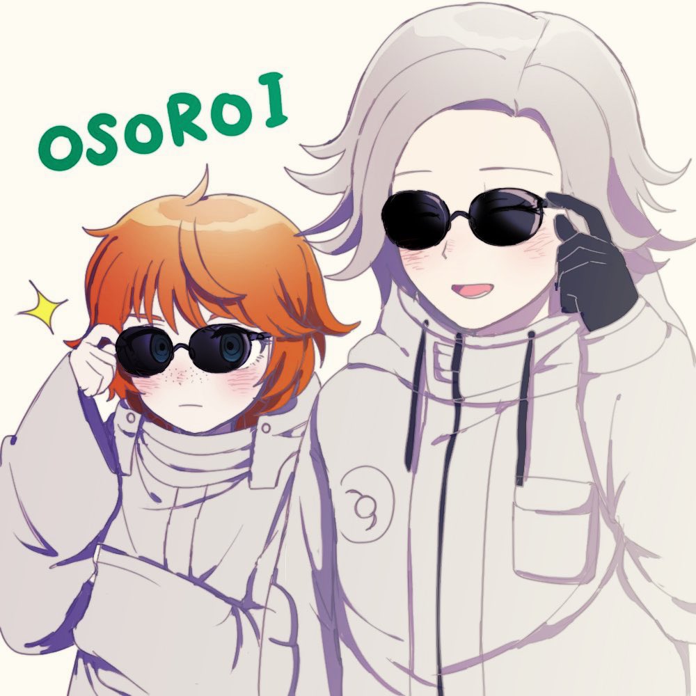 1boy, 1girl, adjusting_eyewear, aotsuki_eito, black_gloves, blue_eyes, breast_pocket, closed_eyes