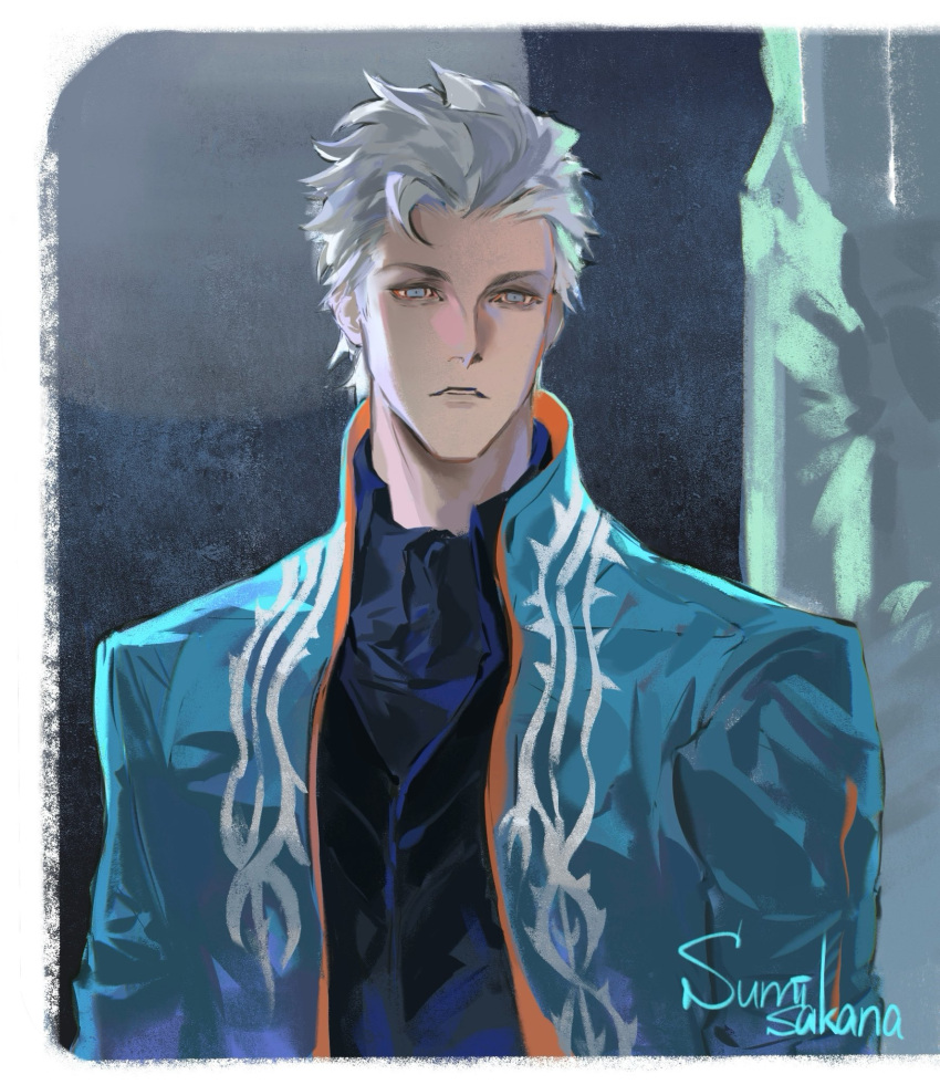 1boy, black_shirt, blue_coat, blue_eyes, coat, collared_coat, commentary_request, cropped_torso, devil_may_cry_(series), devil_may_cry_3, hair_slicked_back, highres, male_focus, open_clothes, open_coat, parted_lips, popped_collar, shirt, signature, solo, sumisakana, vergil_(devil_may_cry), white_hair