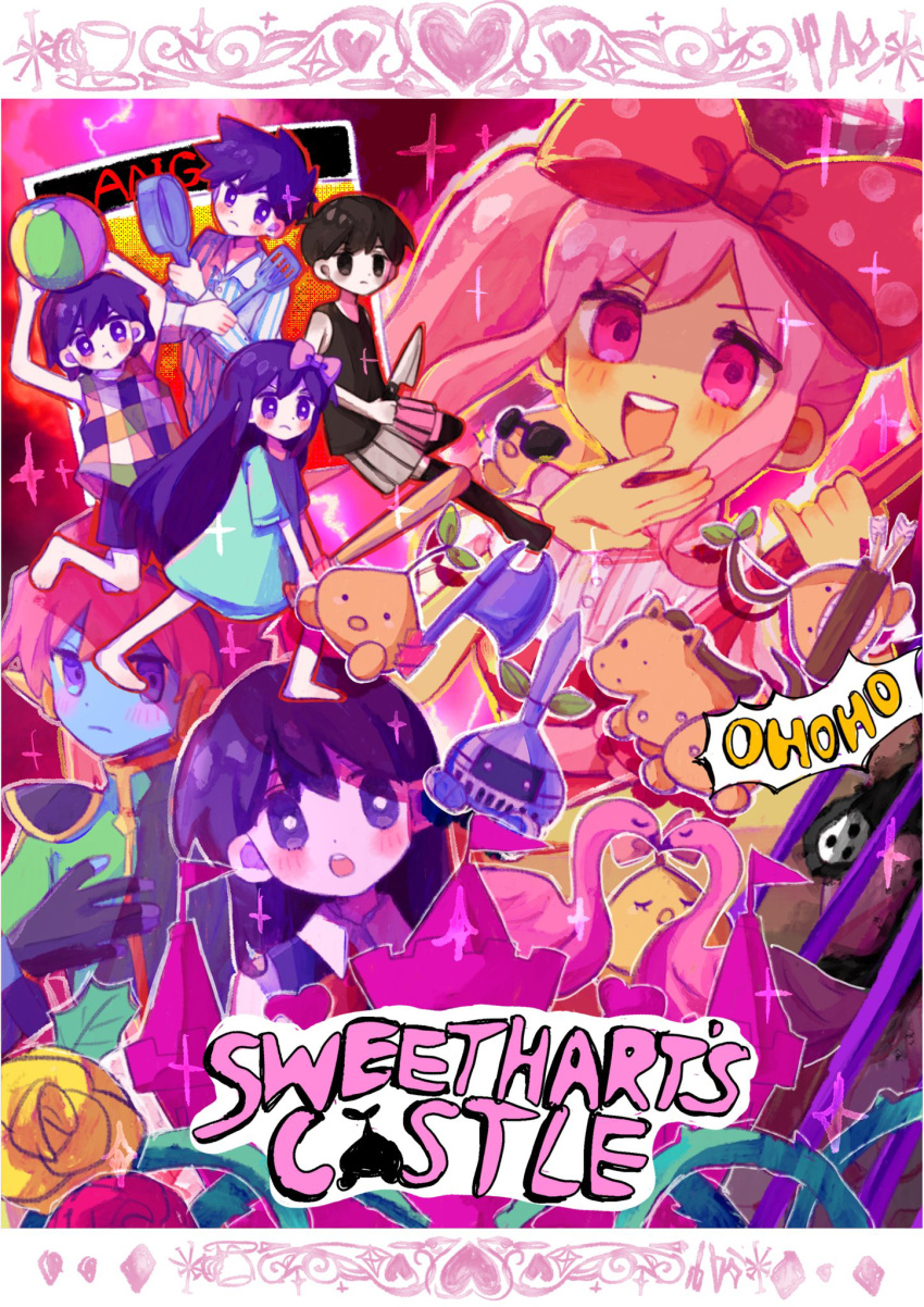 3girls, 4boys, arrow_(projectile), aubrey_(headspace)_(omori), aubrey_(omori), ball, baseball_bat, black_eyes, black_gloves, black_hair, blue_skin, blush, bow, captain_spaceboy, closed_mouth, colored_skin, dark-skinned_female, dark_skin, expressionless, fingerless_gloves, flower, frying_pan, gloves, hero_(headspace)_(omori), hero_(omori), highres, holding, holding_ball, holding_frying_pan, holding_spatula, horse_butt_(omori), horse_head_(omori), keeper_of_the_castle_(omori), kel_(headspace)_(omori), kel_(omori), long_hair, mari_(headspace)_(omori), mari_(omori), marsha_(omori), mugi062, multiple_boys, multiple_girls, ojou-sama_pose, omori, omori_(omori), open_mouth, pink_bow, pink_eyes, pink_hair, plant, purple_hair, quiver, rosa_(omori), rose, short_hair, sir_maximus_(omori), spatula, sprout_mole, sprout_mole_mike, sweetheart_(omori), teeth, therese_(omori), thorns, twintails, upper_teeth_only, vines, violet_eyes, white_skin