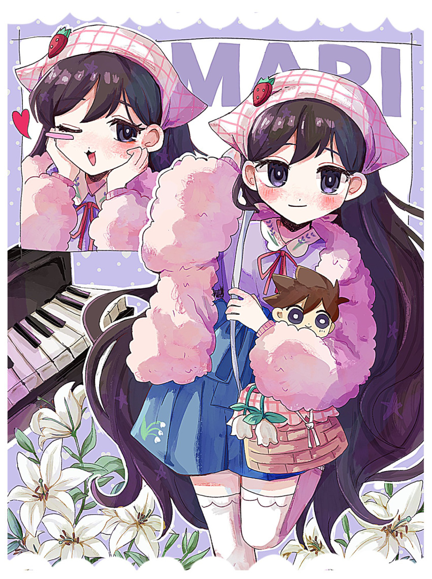 1girl, bag, black_eyes, black_hair, blue_skirt, blush, character_doll, character_name
