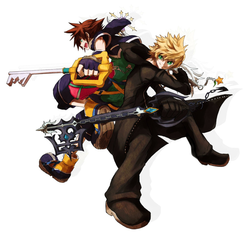 blonde_hair, brown_hair, cloak, fingerless_gloves, gloves, green_eyes, karatou, keyblade, kingdom_hearts, multiple_boys, roxas, simple_background, sora_(kingdom_hearts), ug35-oh, white_background