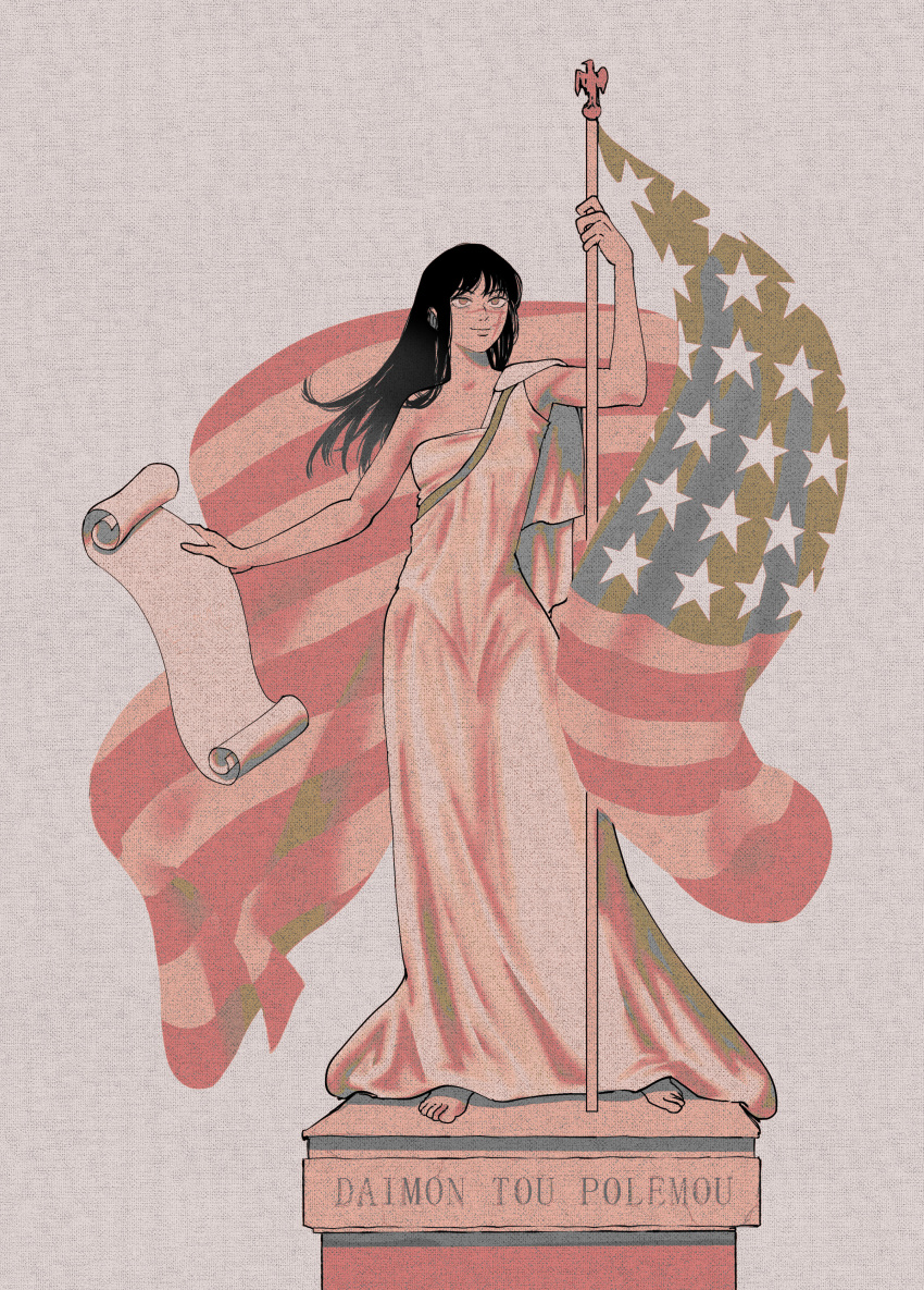 1girl, absurdres, aftvart, american_flag, ancient_greek_clothes, barefoot, black_hair, chainsaw_man, closed_mouth, cross_scar, fine_art_parody, greco-roman_clothes, highres, holding, holding_scroll, looking_up, parchment, parody, pedestal, ringed_eyes, scar, scar_on_cheek, scar_on_face, scar_on_nose, scroll, simple_background, single_bare_shoulder, smile, solo, yellow_eyes, yoru_(chainsaw_man)