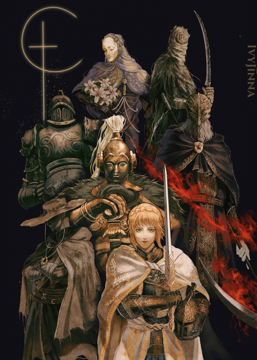 2girls, 5boys, armor, armor_under_clothes, black_background, blonde_hair, braid, bronze