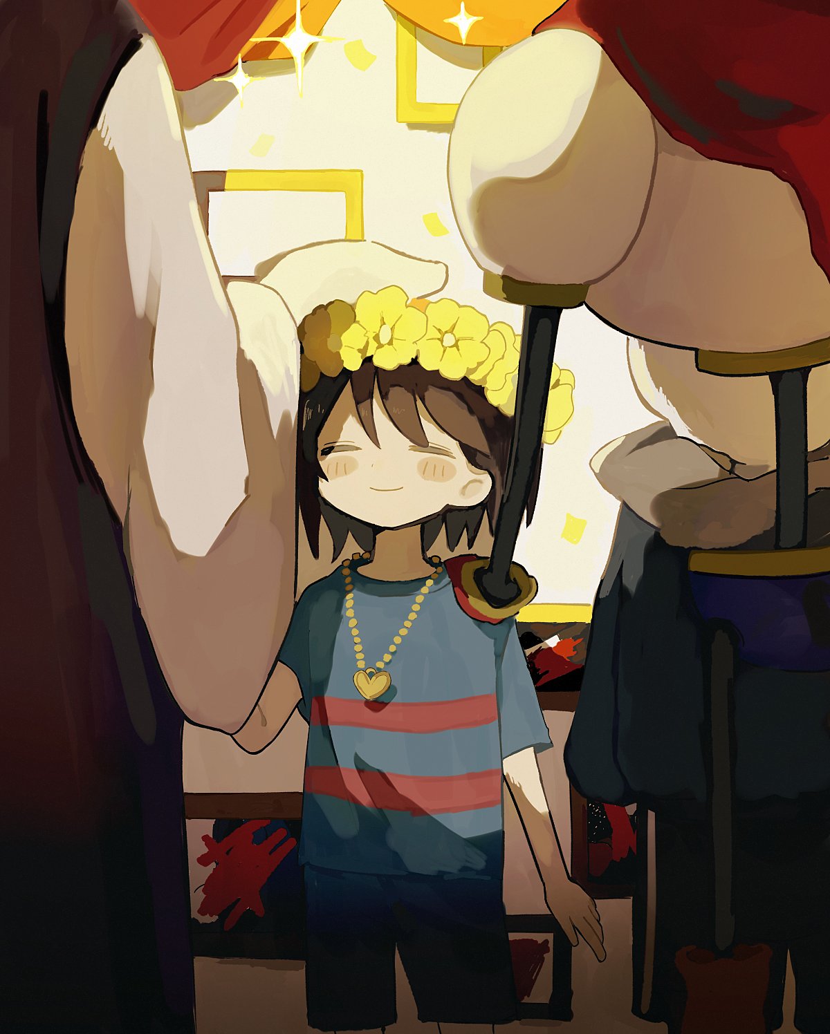 1girl, 1other, 2boys, back, blue_jacket, blue_shirt, blue_shorts, brown_hair, cape, closed_mouth, cowboy_shot, crossed_out, double_horizontal_stripe, frisk_(undertale), head_wreath, highres, jacket, kawar1117552, multiple_boys, papyrus_(undertale), red_cape, sans_(undertale), shirt, short_hair, shorts, skeleton, smile, sparkle, standing, toriel, undertale, white_sleeves