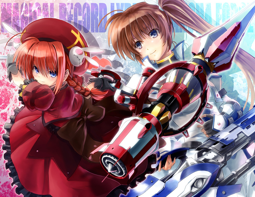 blue_eyes, blush, braid, brown_hair, fingerless_gloves, gloves, hat, lyrical_nanoha