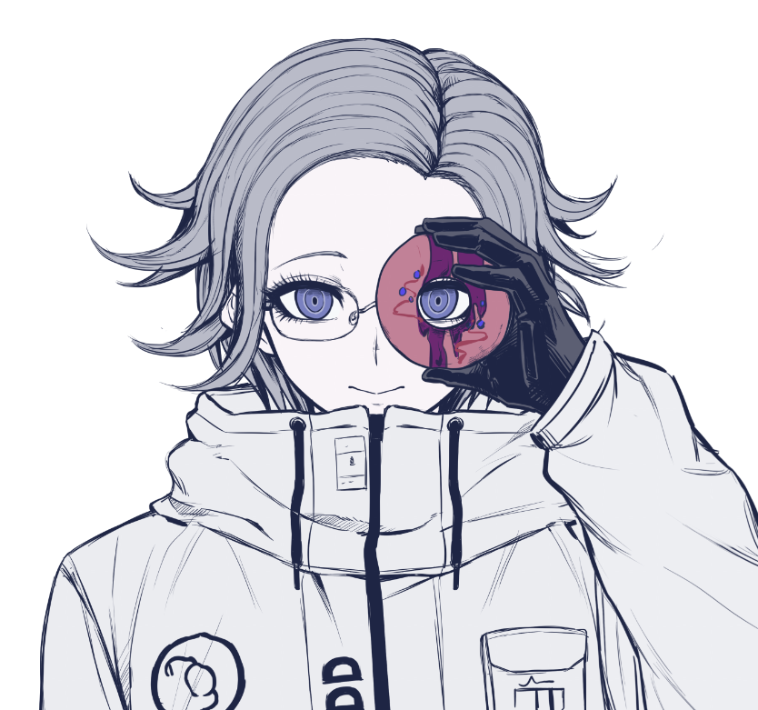 1boy, aotsuki_eito, black_gloves, doughnut, food, glasses, gloves, grey_hair, holding, holding_donut, holding_food, jacket, looking_at_viewer, looking_through_donut, male_focus, short_hair, simple_background, solo, the_hundred_line_-last_defense_academy-, upper_body, violet_eyes, white_background, white_jacket, ziling