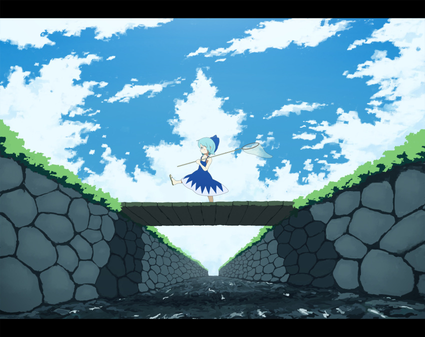blue_hair, bow, bridge, butterfly_net, cirno, dress, hair_bow, hand_net