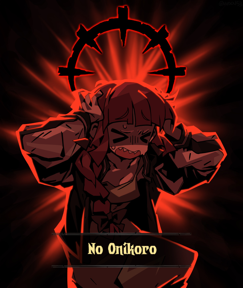 >_<, 1girl, absurdres, affliction_(darkest_dungeon), backlighting, black_background, black_bow, black_jacket