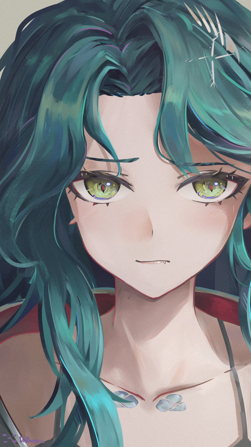 1girl, absurdres, blue_hair, closed_mouth, collarbone, datharuss, eyelashes, fang