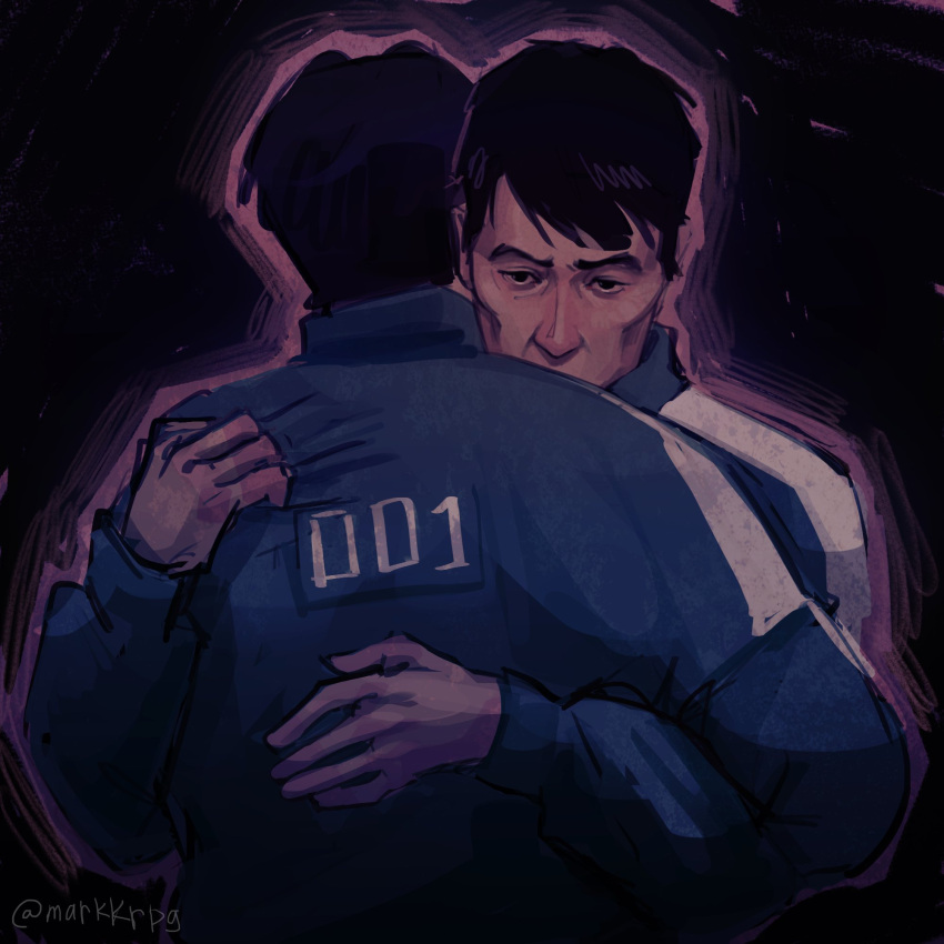 2boys, bags_under_eyes, black_background, black_eyes, black_hair, blank_stare, blue_jumpsuit, claw_mark