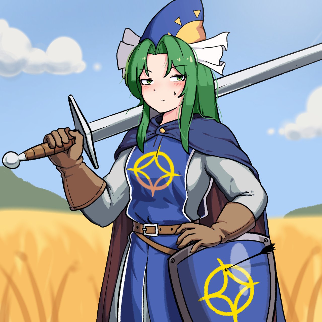 1girl, alternate_costume, arrow_(projectile), belt, blue_cape, blue_sky, blue_tabard, brown_belt