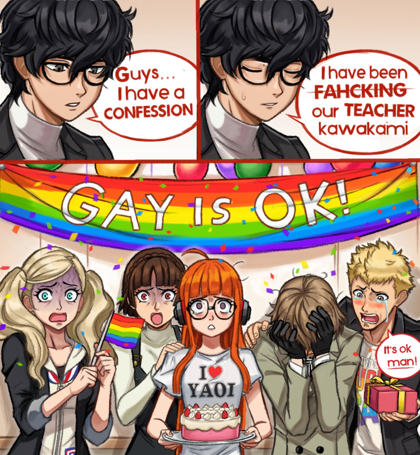 3boys, 3girls, akechi_gorou, amamiya_ren, black_dress, black_gloves, black_hair, black_jacket, blazer, blonde_hair, blunt_bangs, box, breasts, brown_hair, cake, closed_eyes, clothes_writing, collarbone, commentary, confetti, crying, crying_with_eyes_open, dress, english_commentary, english_text, flag, food, gift, gift_box, glasses, gloves, hair_between_eyes, hand_on_another's_shoulder, hands_up, headphones, highres, holding, holding_flag, holding_gift, holding_tray, jacket, long_hair, long_sleeves, looking_at_viewer, medium_breasts, multiple_boys, multiple_girls, neggoartz, niijima_makoto, open_mouth, orange_hair, persona, persona_5, rainbow_flag, sakamoto_ryuuji, sakura_futaba, shaded_face, shirt, short_hair, short_sleeves, speech_bubble, surprised, takamaki_anne, tears, tray, turtleneck, white_shirt, zipper_pull_tab