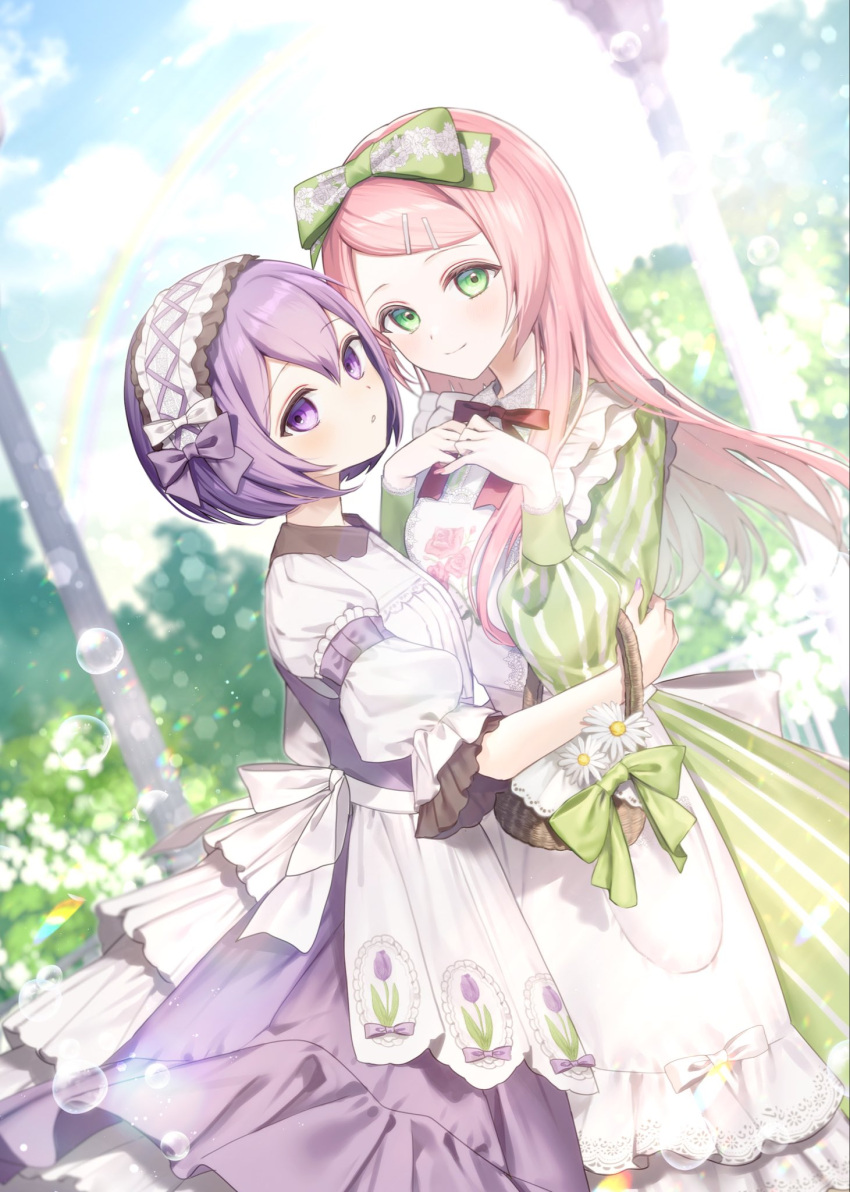 2girls, alternate_costume, apron, armband, basket, blush, bow, bubble, classic_lolita, closed_mouth, clouds, cloudy_sky, collared_dress, commentary_request, day, dress, fingernails, floral_print_apron, flower, frilled_apron, frilled_hairband, frills, from_side, green_eyes, hair_between_eyes, hair_ornament, hairband, hairclip, highres, holding, holding_basket, hug, layered_dress, lolita_fashion, lolita_hairband, long_hair, long_sleeves, looking_at_viewer, looking_to_the_side, mochiro_chio, momone_momo, multiple_girls, neck_ribbon, outdoors, parted_lips, picnic_basket, pink_hair, pink_nails, puffy_long_sleeves, puffy_sleeves, purple_armband, purple_bow, purple_dress, rainbow, red_ribbon, ribbon, short_hair, short_sleeves, sky, smile, striped_clothes, striped_dress, utane_uta, utau, violet_eyes, white_apron, white_flower, wing_collar