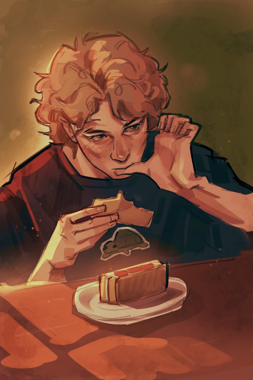 1boy, absurdres, averting_eyes, backlighting, blonde_hair, blue_eyes, commentary, curtained_hair, day, eating, english_commentary, food, freckles, glowing, green_shirt, highres, katsu_(food), katsu_sandwich, licking, licking_finger, markkrpg, original, plate, sandwich, shirt, solo, sunlight, table, upper_body, window_light, wooden_table