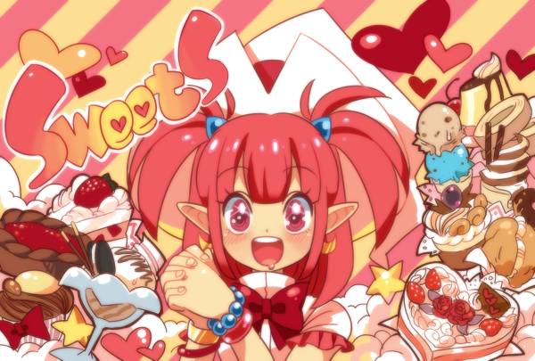 :d, blush, bracelet, cake, cupcake, earrings, food, fruit, hands_clasped, happy, hat, heart, hirano_kei, ice_cream, jewelry, long_hair, open_mouth, original, parfait, pointy_ears, pudding, red_eyes, red_hair, redhead, saliva, smile, smoke, solo, sparkle, star, strawberry, twintails, witch_hat