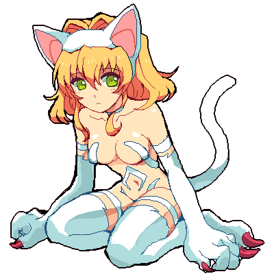 bare_shoulders, blonde_hair, breasts, cat_ears, cat_tail, choker, claws, cosplay, felicia, felicia_(cosplay), green_eyes, hairband, hirano_kei, kneeling, lowres, midriff, natalia_luzu_kimlasca_lanvaldear, navel, oekaki, short_hair, solo, tail, tales_of_(series), tales_of_the_abyss, thighhighs, vampire_(game)