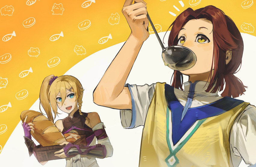 1boy, 1girl, basket, blonde_hair, blue_eyes, blunt_ends, braid, bread, brown_hair, commentary_request, ezer_(ys), food, hair_between_eyes, highres, holding, holding_basket, holding_ladle, karja_balta, ladle, minamiiiiiii7, side_ponytail, single_braid, two-tone_background, white_background, yellow_background, yellow_eyes, ys, ys_x:_nordics