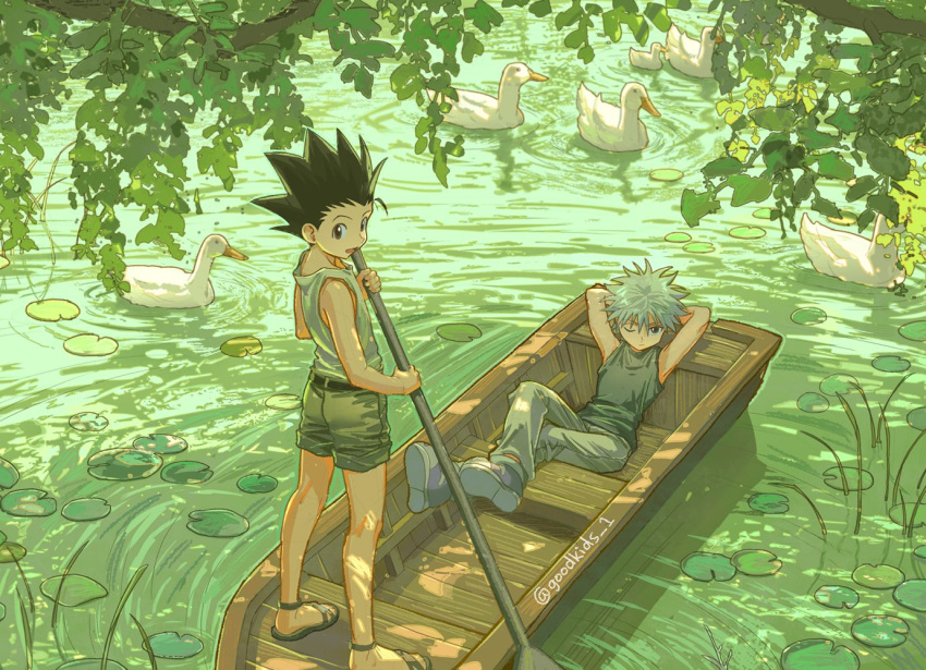 2boys, animal, arms_behind_head, arms_up, belt, bird, black_belt, black_hair
