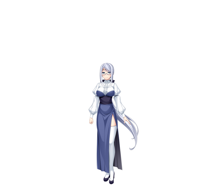 1girl, black_bow, blue_dress, blue_eyes, bow, breasts, center_frills, claire_austin, closed_mouth, dress, frills, full_body, game_cg, glasses, grey_hair, hair_bow, highres, inoino, kouyoku_senki_exs-tia, large_breasts, large_variant_set, long_dress, long_hair, long_sleeves, looking_at_viewer, non-web_source, official_art, puffy_long_sleeves, puffy_sleeves, semi-rimless_eyewear, shirt, side_slit, simple_background, smile, solo, standing, tachi-e, thigh-highs, transparent_background, under-rim_eyewear, variant_set, very_long_hair, white_shirt, white_thighhighs