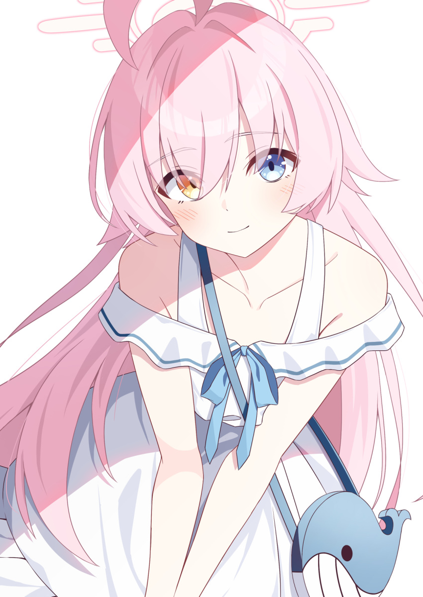 1girl, ahoge, animal_bag, bare_shoulders, blue_archive, blue_bow, blue_bowtie, blue_eyes