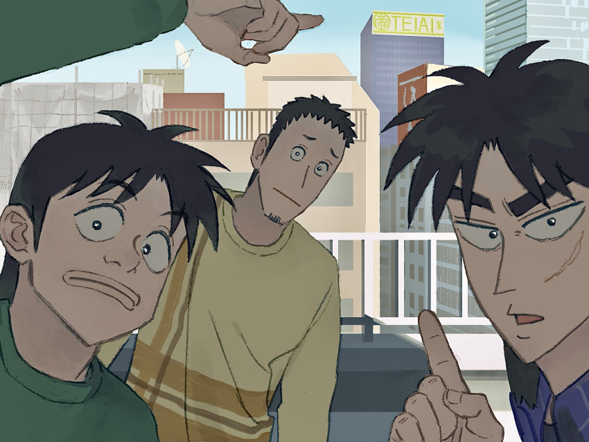 3boys, arm_up, black_hair, building, chang_bowen, cityscape, closed_mouth, facial_hair