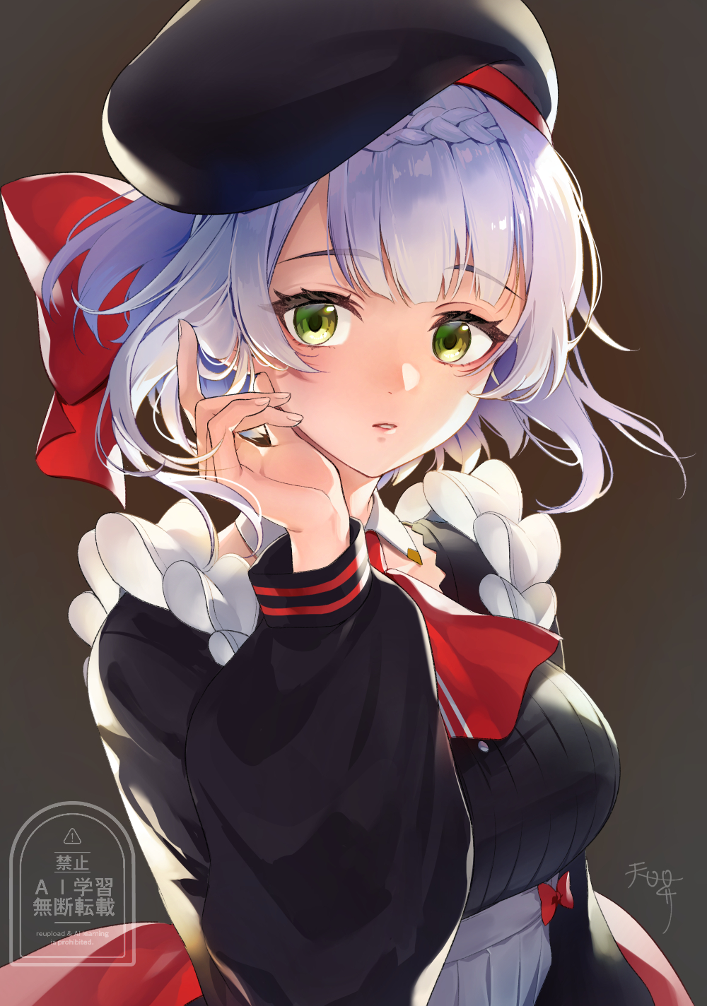 1girl, ascot, black_dress, black_hat, blunt_bangs, bow, commentary_request, dress
