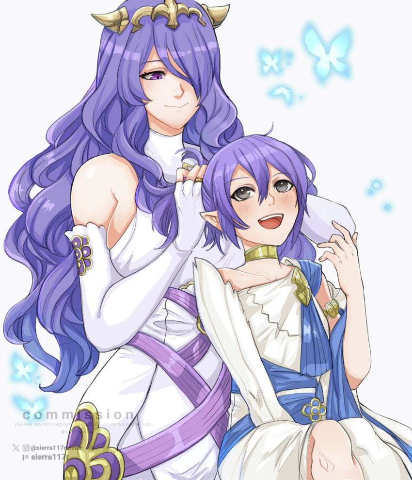 2girls, bare_shoulders, black_eyes, blue_butterfly, breasts, bug, butterfly, camilla_(adrift)_(fire_emblem)