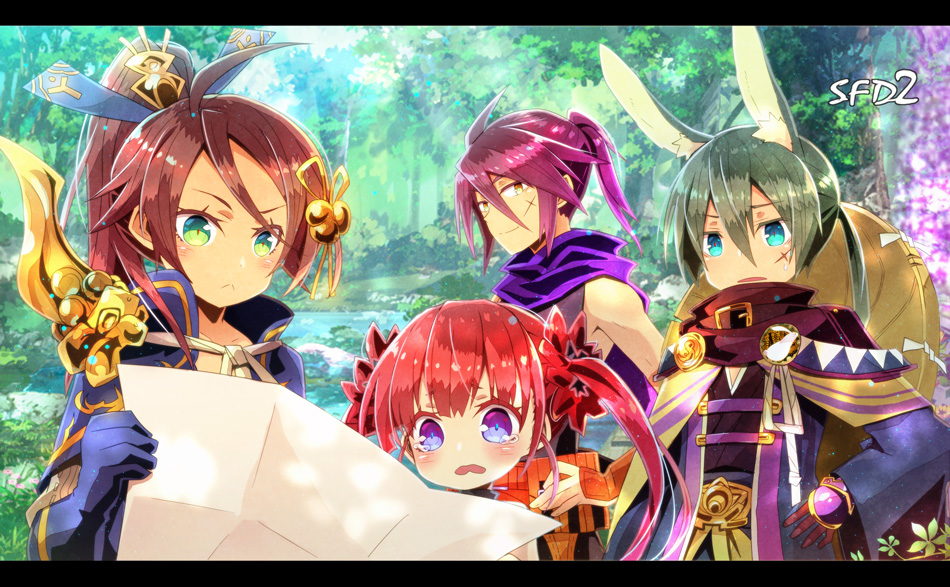 2boys, 2girls, animal_ears, aqua_eyes, brown_hair, character_request, day, gloves