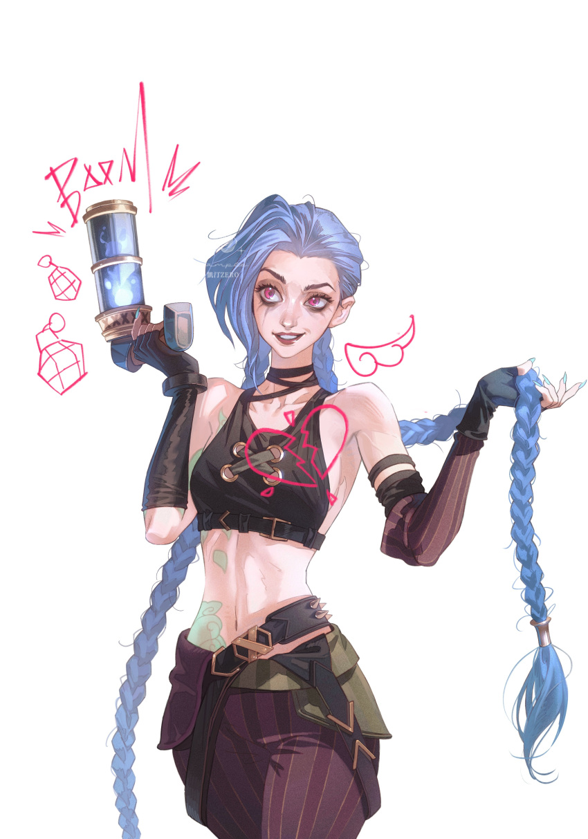 1girl, absurdres, arcane:_league_of_legends, arcane_jinx, artist_name, asymmetrical_gloves, black_gloves, black_tank_top