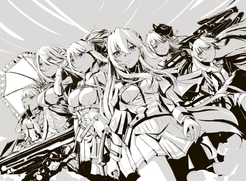 6+girls, blunt_bangs, bow, braid, breasts, capelet, chest_harness, crown_braid