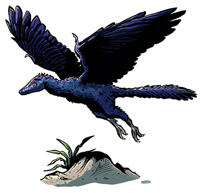 animal, archaeopteryx, artist_request, blue_feathers, commentary, dinosaur, feathered_wings, feathers