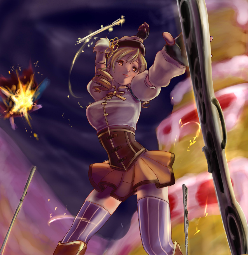 arm_up, beret, blonde_hair, book, chiyo_koharu, corset, detached_sleeves, drill_hair