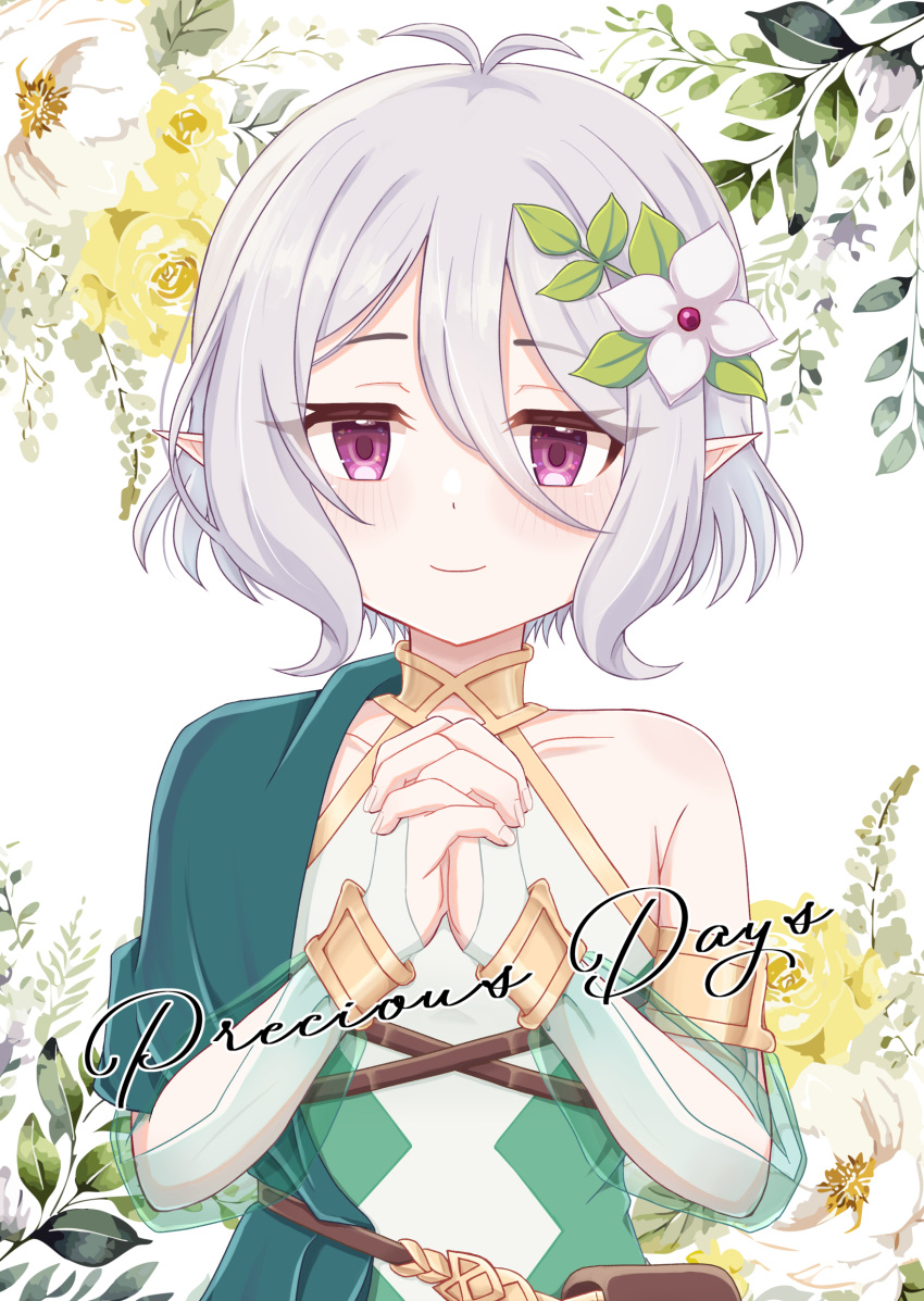 1girl, absurdres, antenna_hair, armlet, bag, dress, elf, flower