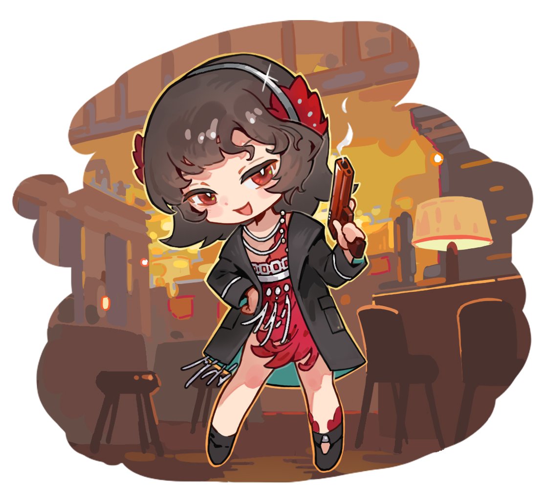 1girl, :d, bar_(place), black_boots, black_coat, black_hair, boots, border