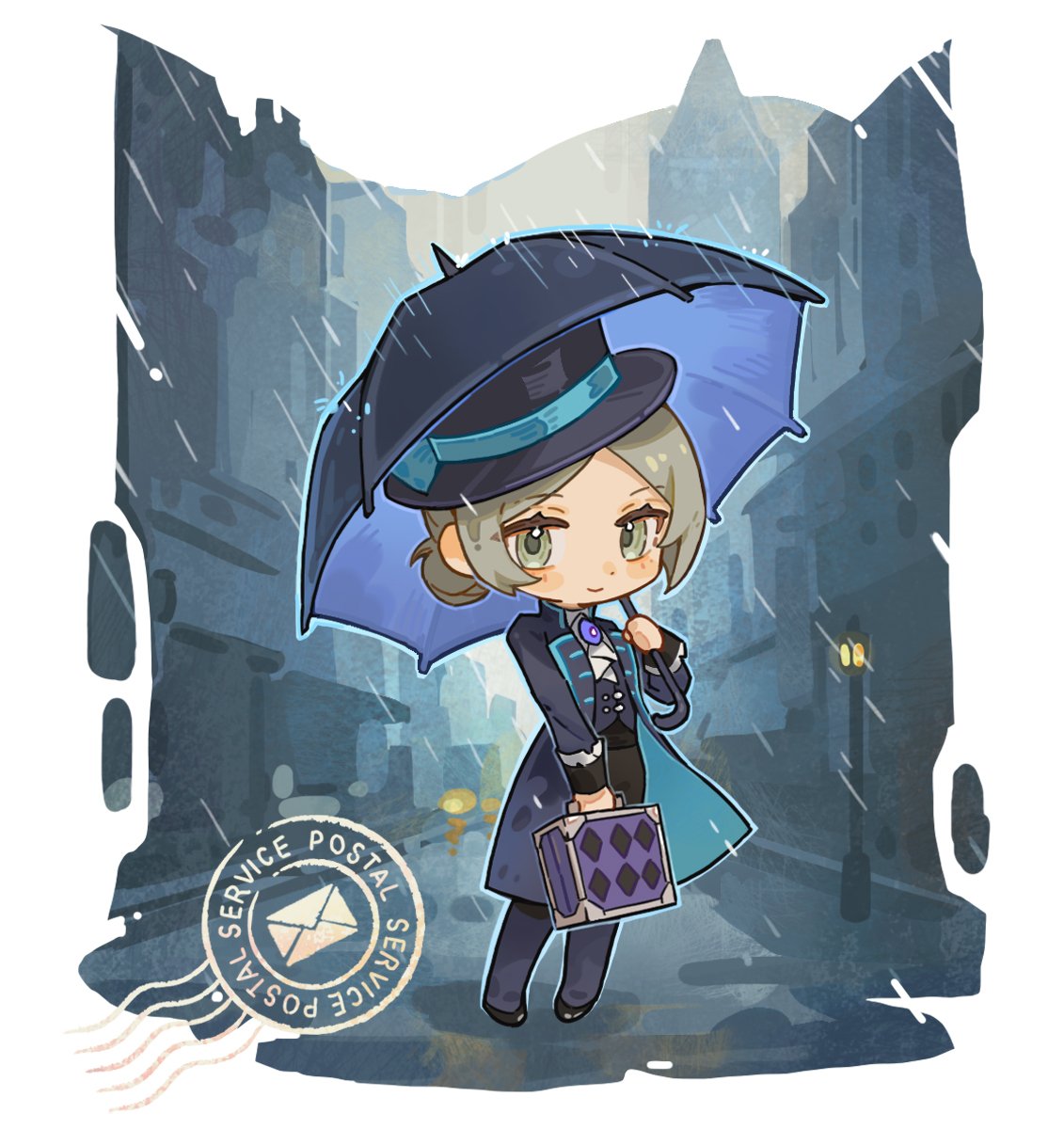 1girl, ascot, black_boots, black_coat, black_hat, black_pants, black_umbrella, blue_bow