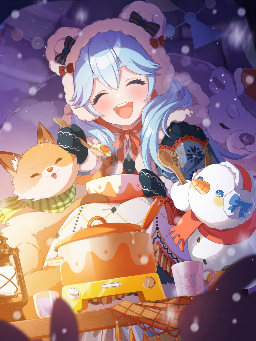 1girl, absurdres, animal, animal_hood, aqua_hair, artist_request, bear, bear_hood