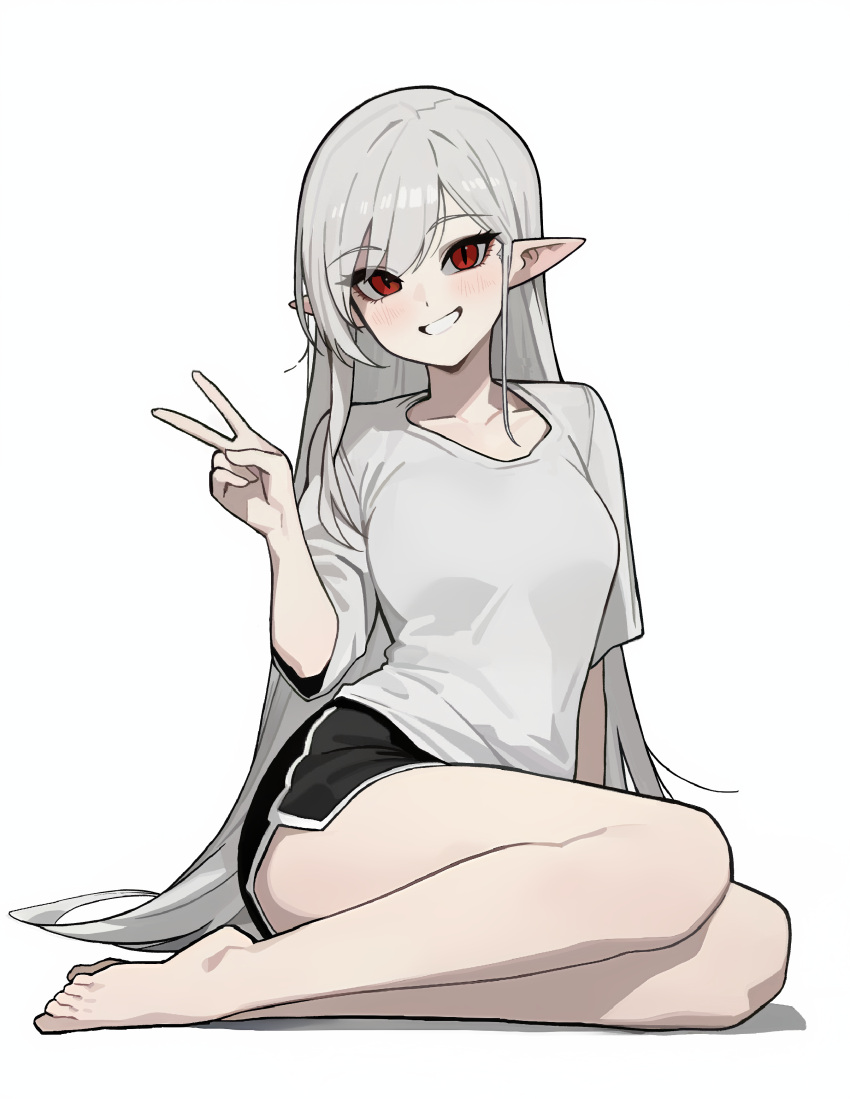 1girl, absurdres, barefoot, blush, breasts, dolphin_shorts, grin, highres