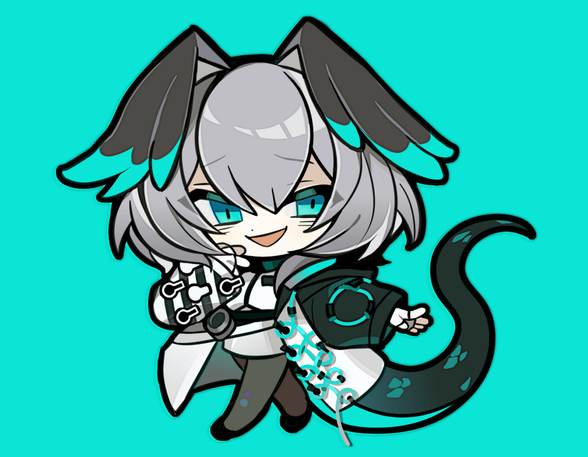 1girl, aqua_eyes, aqua_feathers, aqua_nails, aqua_wings, arknights, black_tail, breasts