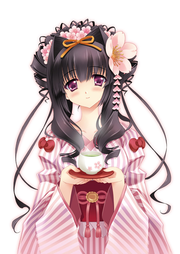 blush, bow, carnelian, cup, drill_hair, flower, hair_flower, hair_ornament, hello_kitty, hello_kitty_to_issho!, japanese_clothes, kittyler, miyabi_sakuya, purple_eyes, smile, striped, tea, violet_eyes