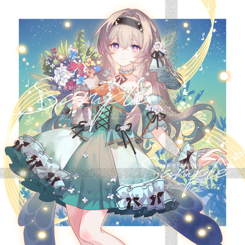 1girl, alternate_costume, aqua_dress, aqua_hair, aqua_sleeves, bare_shoulders, black_headband, blush