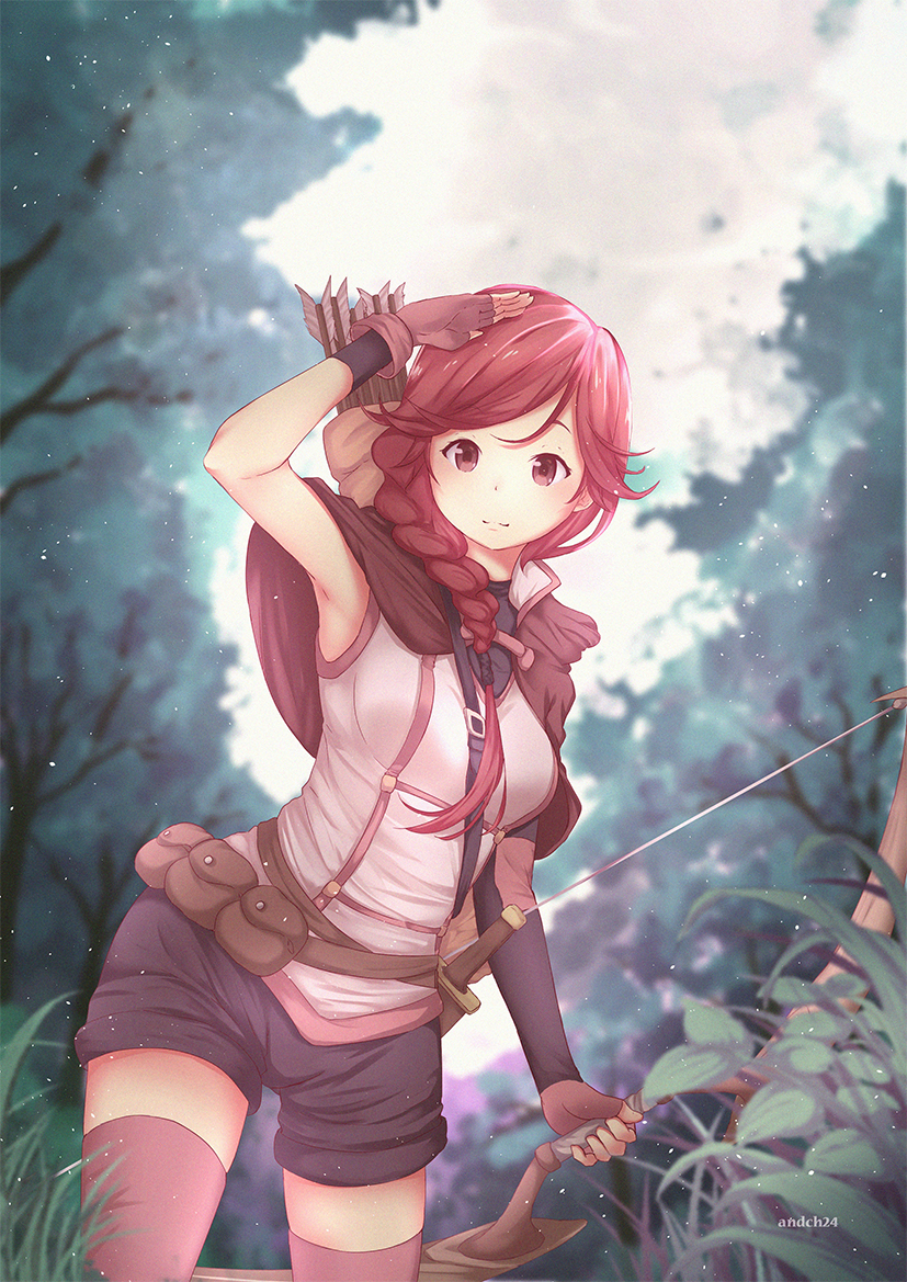 1girl, andch24, artist_name, belt, black_shorts, bow_(weapon), braid, breasts