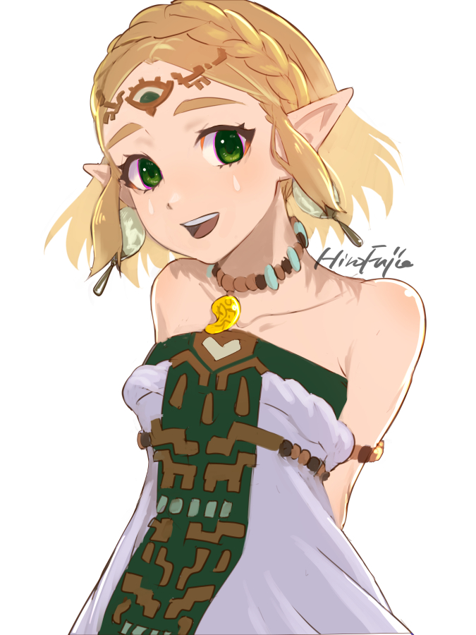 1girl, arms_behind_back, artist_name, bare_shoulders, blonde_hair, braid, circlet, collarbone