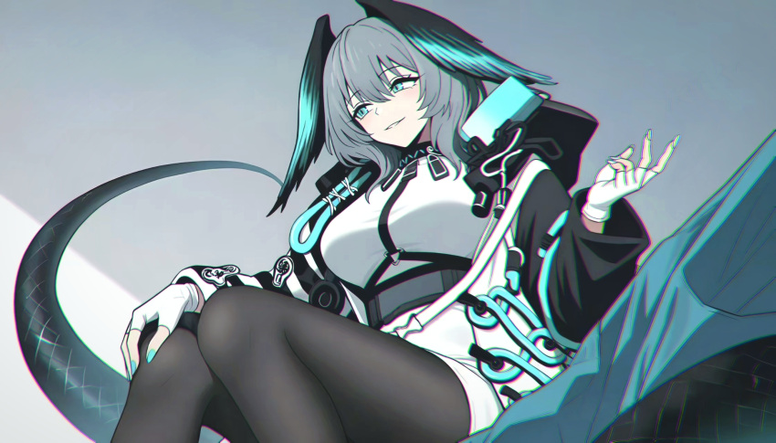 1girl, aqua_eyes, aqua_feathers, aqua_nails, aqua_wings, arknights, black_pantyhose, black_tail