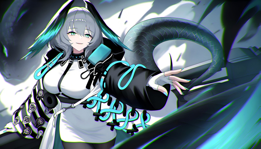 1girl, absurdres, aqua_eyes, aqua_feathers, aqua_nails, aqua_wings, arknights, black_tail
