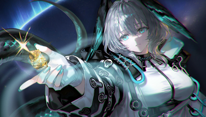 1girl, absurdres, aqua_eyes, aqua_feathers, aqua_nails, aqua_wings, arknights, black_tail